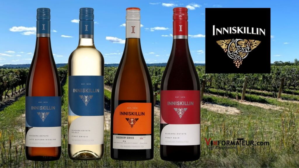 Bouteilles de vin Inniskillin: Late Autumn, Riesling, 2020, Pinot Grigio, 2021, P3, Discoveries Series, 2021 et Pinot Noir 2020 .