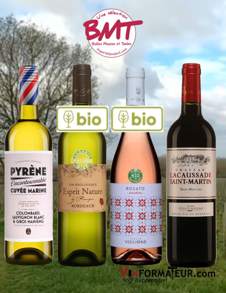 Bouteilles de vins pour l'été!: Pyrène Cuvée Marine 2020, Esprit Nature bio Bordeaux 2019, Rosato Maioliche bio 2021, Château Lacaussade Saint-Martin 2019.