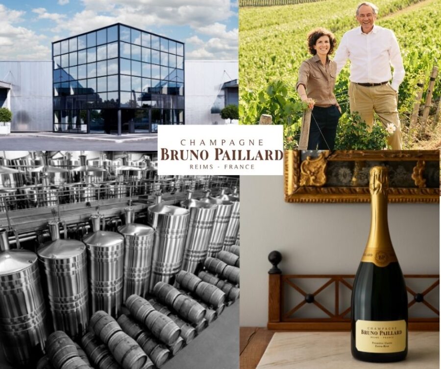 Champagne Bruno Paillard: Alice et Bruno Paillard, bureaux, chai et bouteille de champagne.