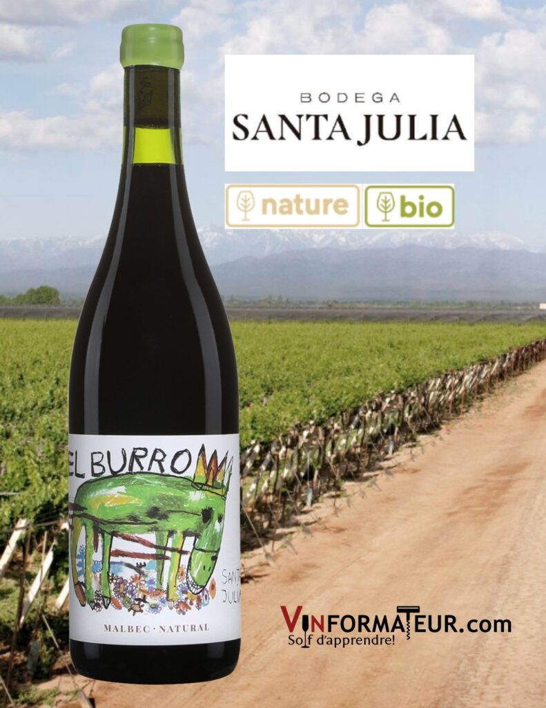 Bouteille de El Burro, Malbec, Argentine, Mendoza, Maipu, Bodega Santa Julia, vin rouge bio, nature/vegan/bio, 2021