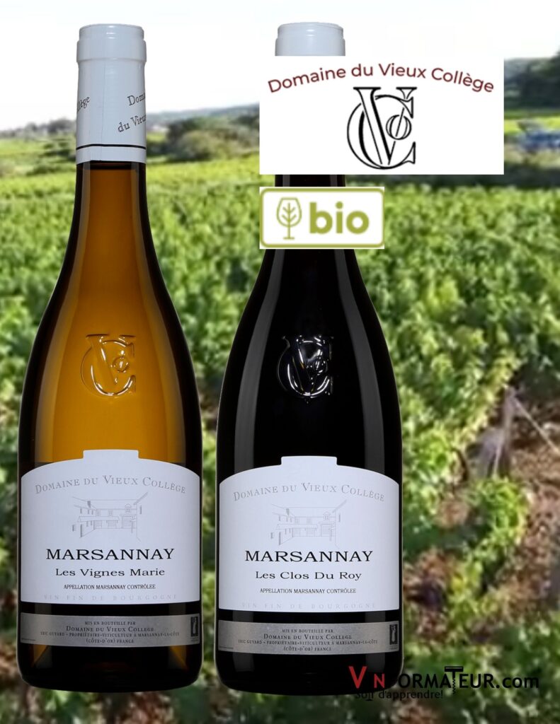 Nouveaux vins bio de Marsannay: Bouteilles de Domaine du Vieux Collège, Les Vignes Marie blanc 2019, Les Clos du Roy 2018.