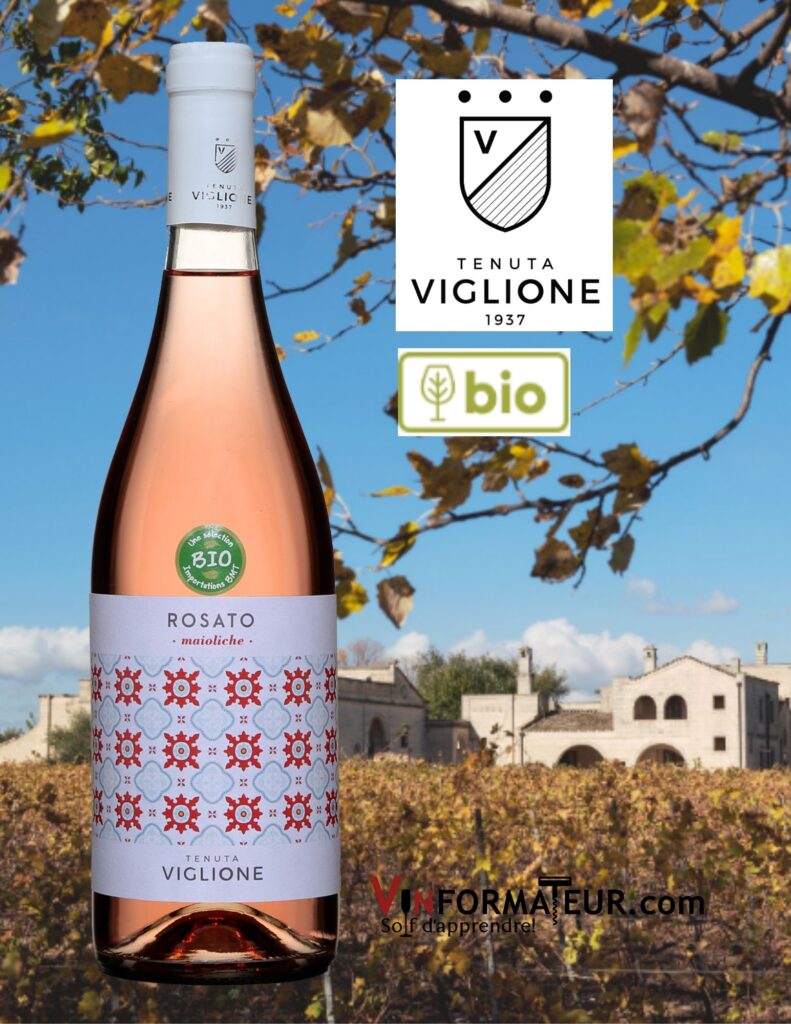 Bouteille de Rosato, Italie, Pouilles, vin rosé bio, Tenuta Viglione, Maioliche Collection, 2021