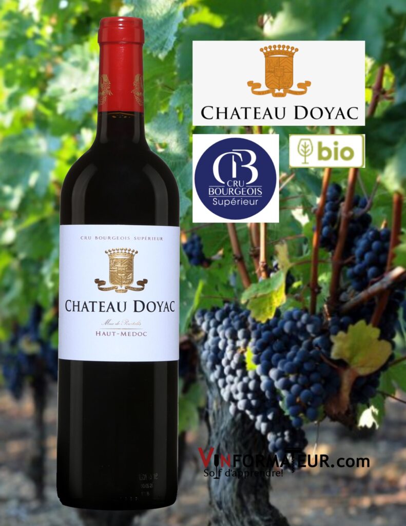 Bouteille de Château Doyac, Cru Bourgeois Supérieur, France, Bordeaux, Haut-Médoc, vin rouge bio, 2018