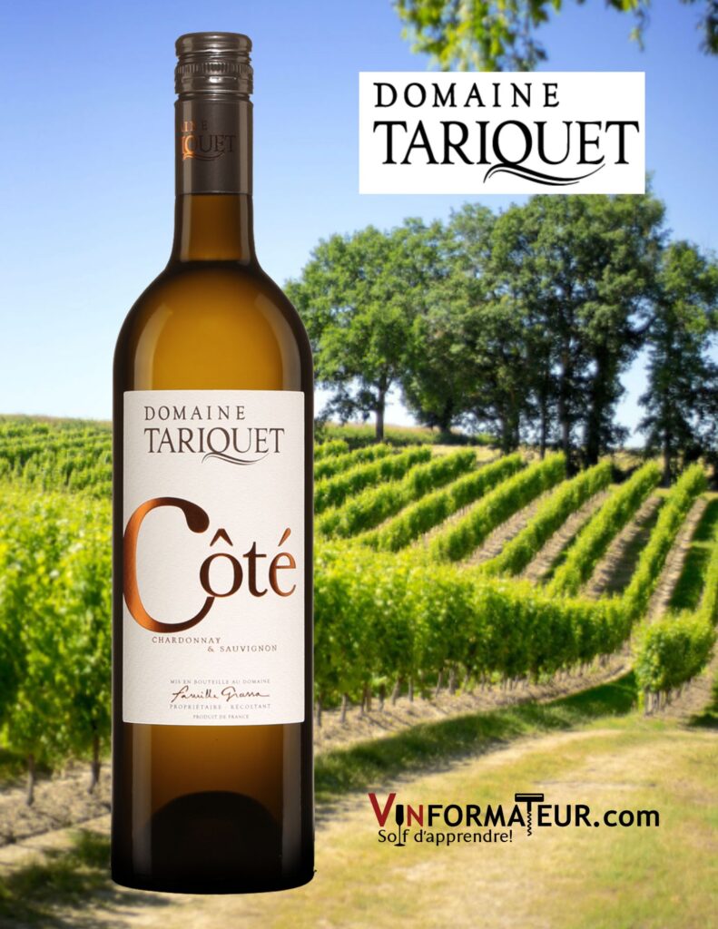 Bouteille de Domaine Tariquet, Côté, France, Côtes de Gascogne, 2021, 18,55$, cépages : Chardonnay 50 %, Sauvignon blanc 50 %