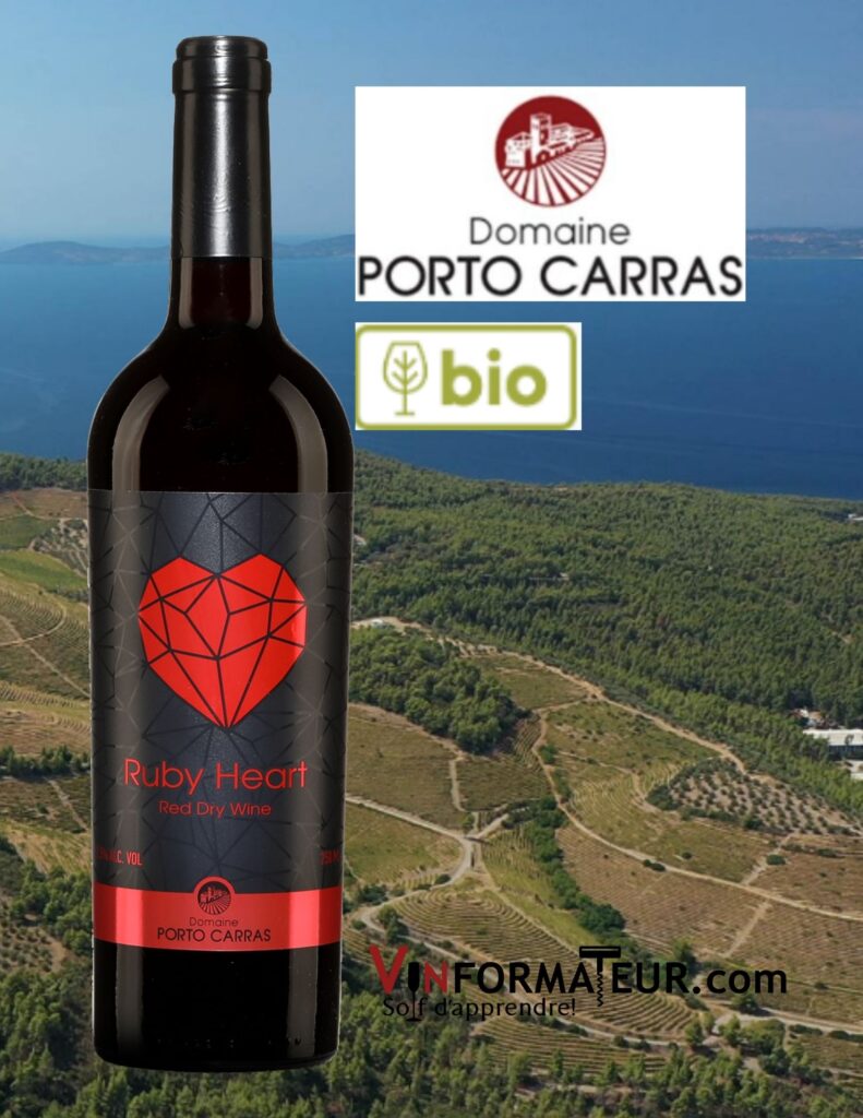 BOuteille de Ruby Heart, Domaine Porto Carras, Grèce, Macédoine, Halkidiki, vin rouge bio, 2019