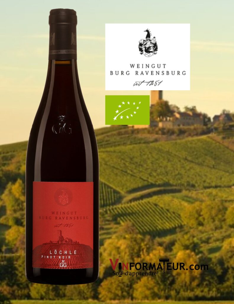 Bouteille de Pinot Noir, Weingut Burg Ravensburg, Allemagne, Baden Kraichgau, Lochle, VDP Grosse Lage, VDP Grosses Gewächs, vin rouge bio, 2016
