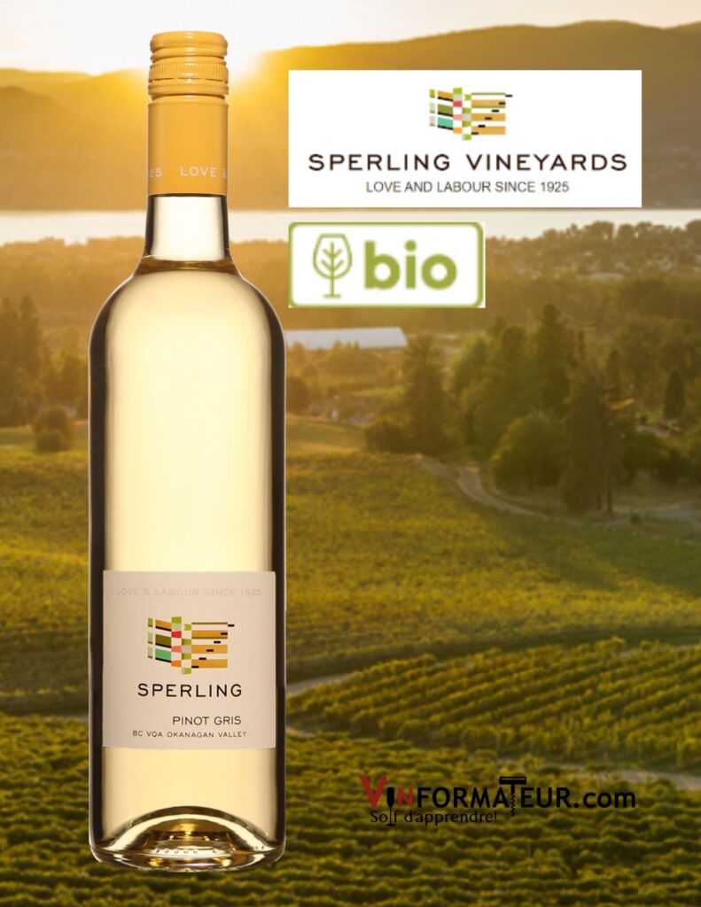 Bouteille de Sperling, Pinot gris, Colombie-Britannique, Vallée de l’Okanagan, Sperling Vineyards, vin blanc bio, 2021