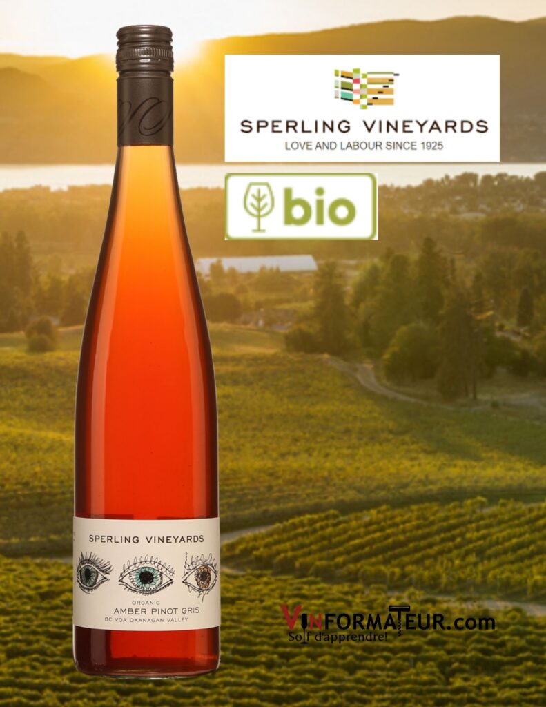 Bouteille de Sperling, Amber Pinot gris, Colombie-Britannique, Vallée de l’Okanagan, Sperling Vineyards, vin orange bio, 2021