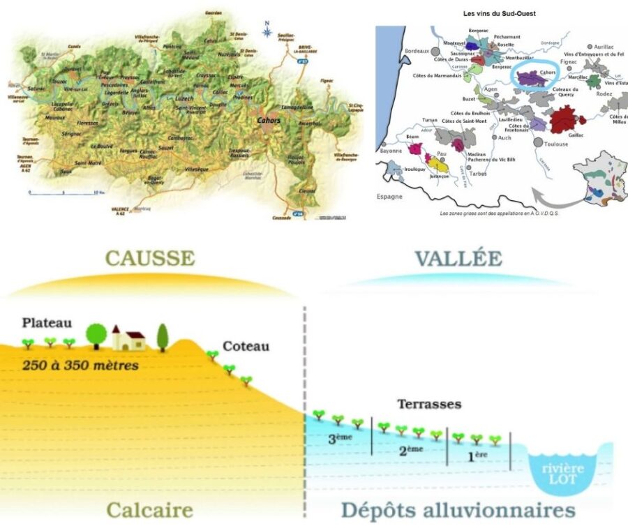 Carte viticole de l'appellation Cahors et sols
