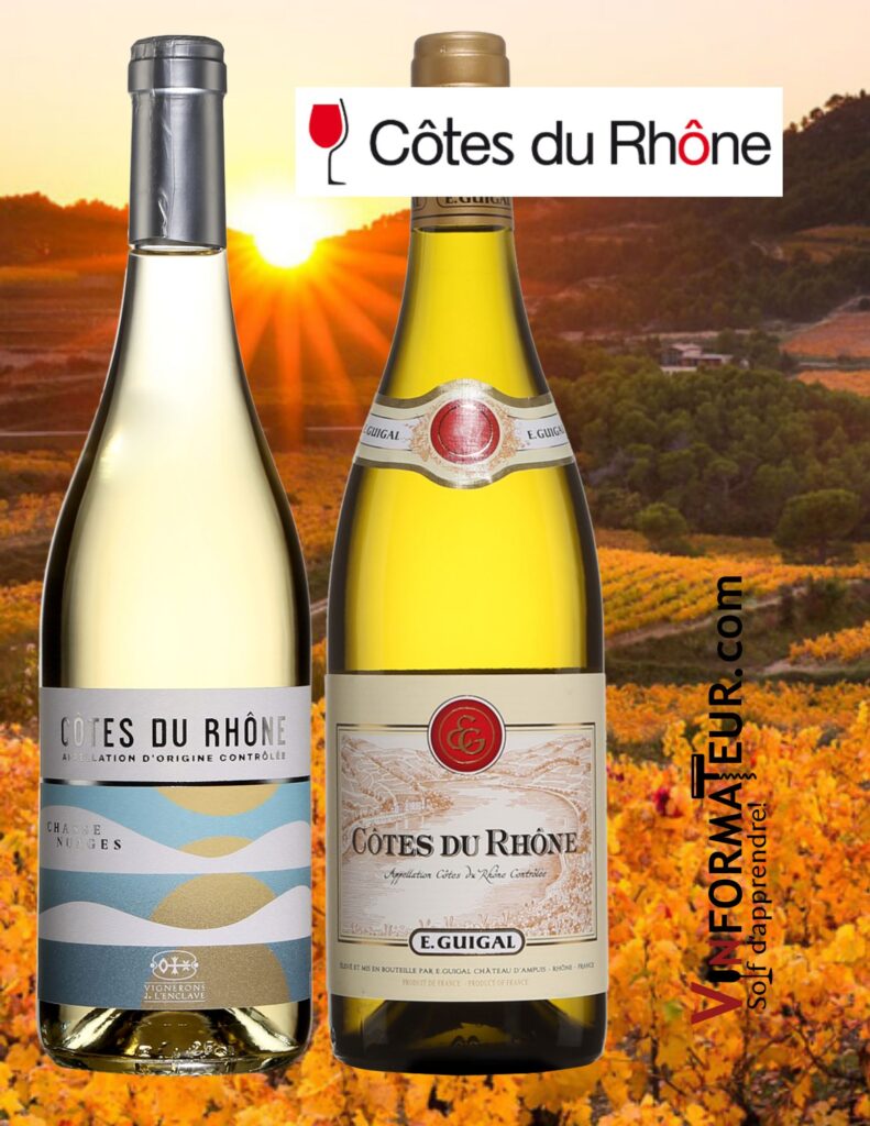 Bouteilles de Vins blancs Côtes du Rhône: Chasse Nuages, 2021, 16,55$, cépages : Grenache blanc 50%, Viognier 50%, E. Guigal, 2020, 20,60$.