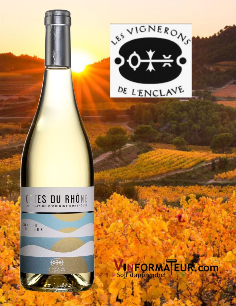 Bouteille de Chasse Nuages, AOC Côtes du Rhône, vin blanc, Vignerons de l’Enclave, 2021