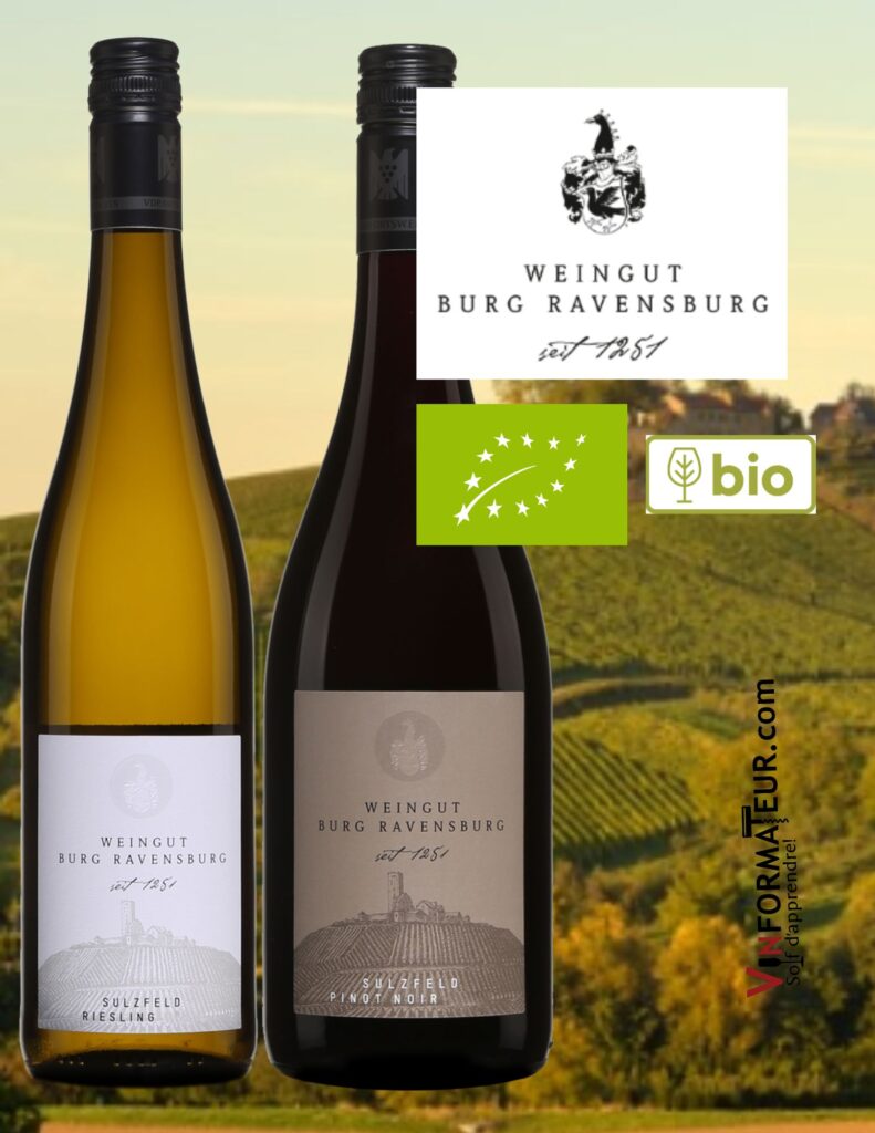 Bouteilles de Weingut Burg Ravensburg: Riesling, vin blanc bio (biodynamie), 2021, 19,10$, Pinot Noir, vin rouge bio (biodynamie), 2019, 22,30$.