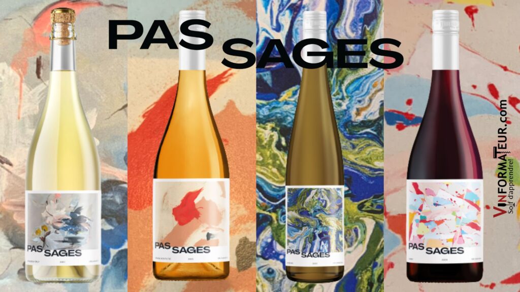 Bouteilles de la nouvelle gamme de 4 vins de marque Pas Sages: Mousseux 19,75$, Riesling, 17,50$, vin orange, 19,75$, et Gamay, 17,50$.