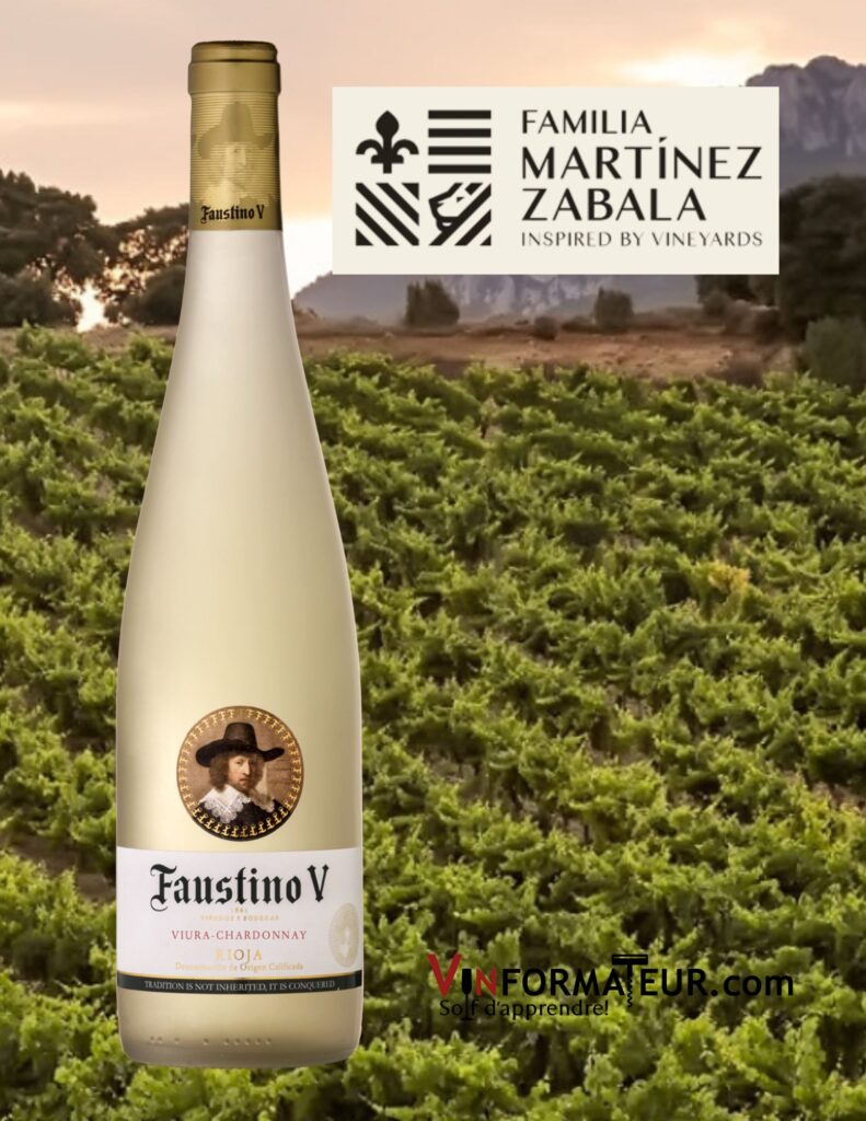 Bouteille de Faustino V, vin blanc, Viura (75%), Chardonnay (25%), Rioja, 2020
