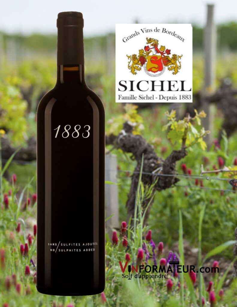Bouteille de 1883, France, Bordeaux, vin rouge nature sans sulfites ajoutés, Maison Sichel, 2020