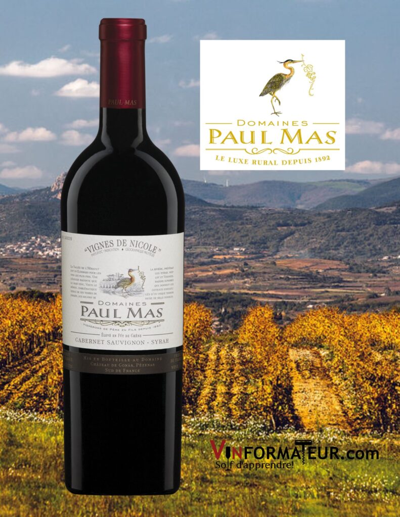 Vignes de Nicole, Cabernet-Sauvignon, Syrah, Domaines Paul Mas, Languedoc-Roussillon, vin rouge,2020 bouteille