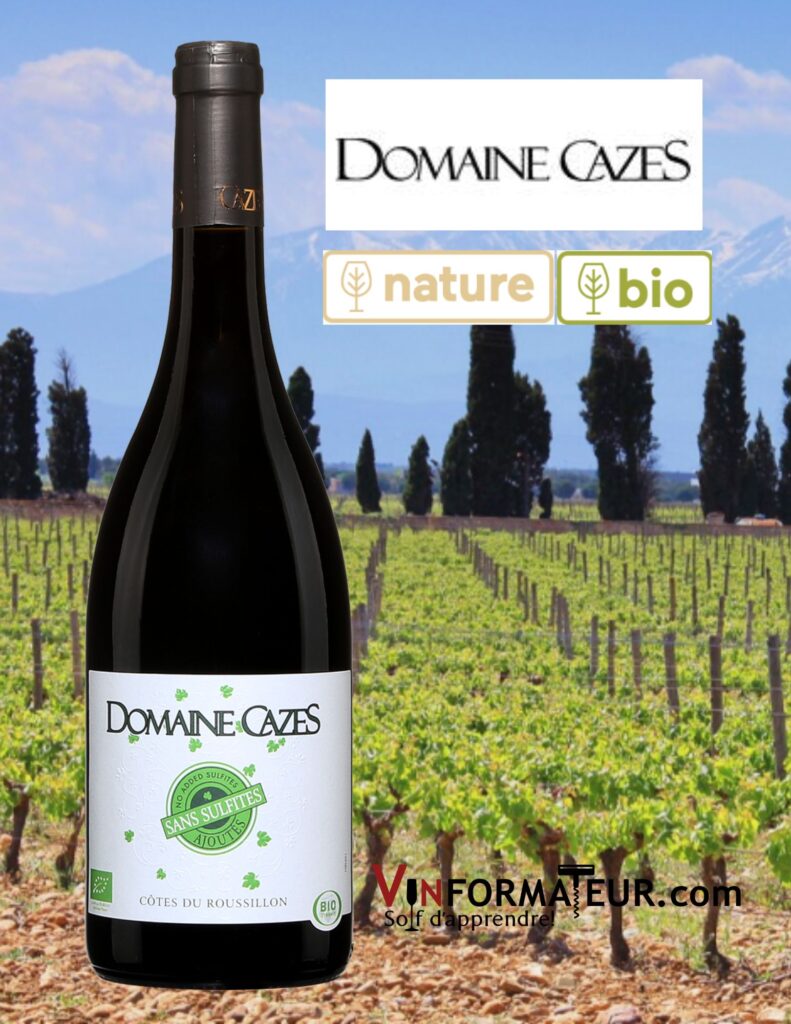 Bouteille de Domaine Cazes, Côtes du Roussillon, Vin rouge biodynamie sans sulfites ajoutés, 2021