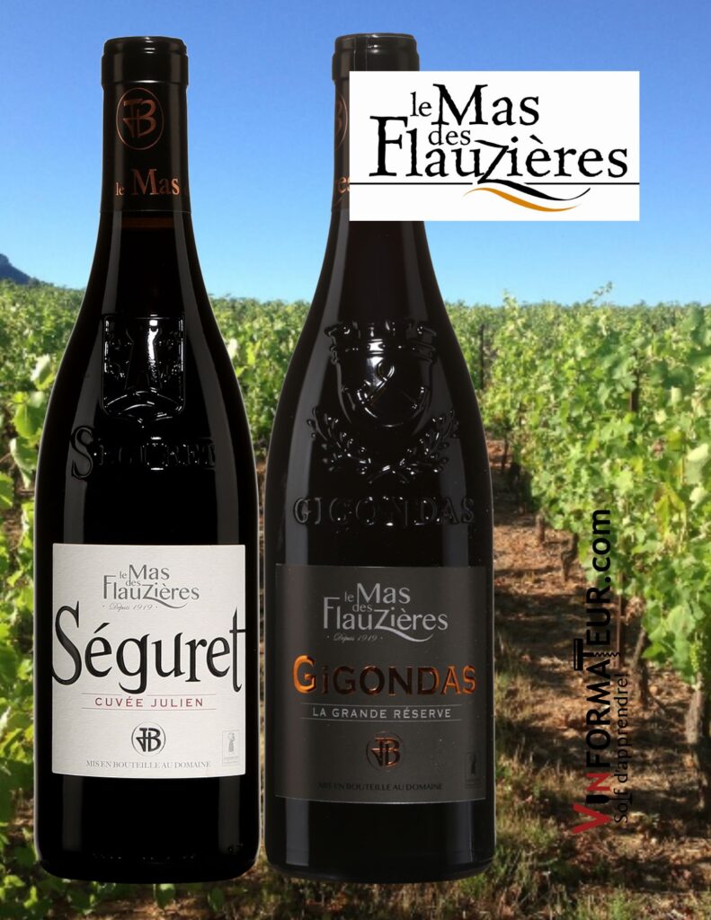 Le Mas des Flauzières: Cuvée Julien, Côtes du Rhône Villages, Séguret, 2020, 32,00$, Gigondas AOC, La Grande Réserve, 2018, 32,00$. bouteilles