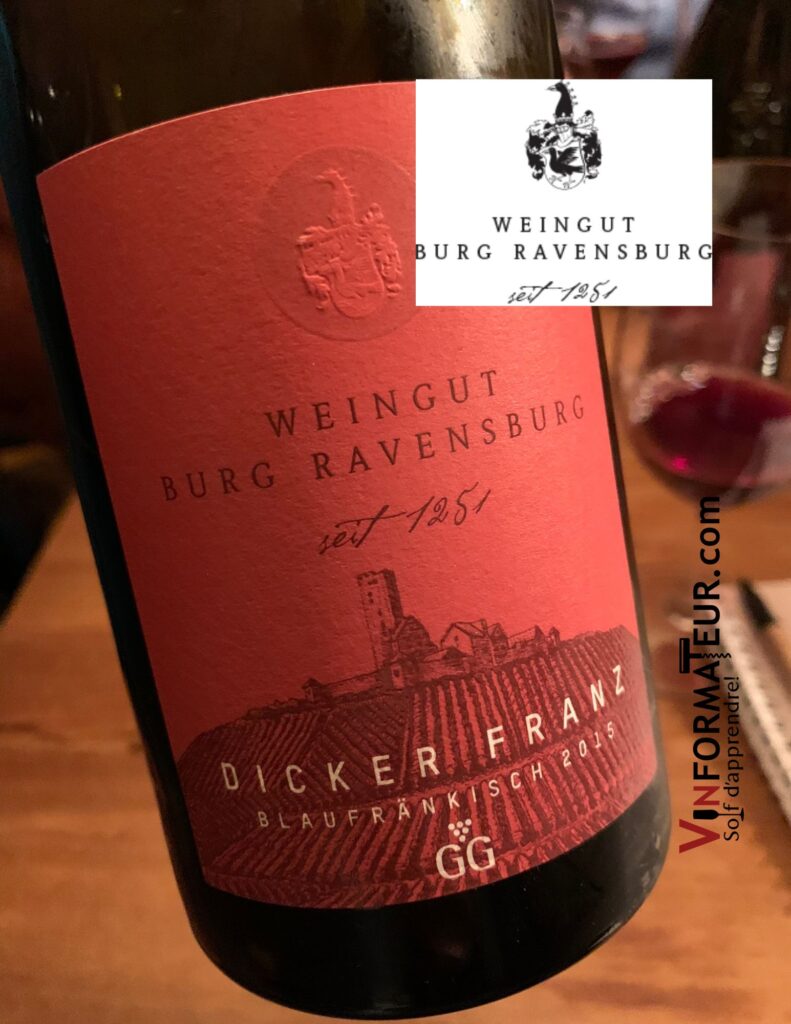 Dicker Franz, Blaufrankisch Jubilaumswein, Weingut Burg Ravensburg, Allemagne, Qualitatswein QbA, Grosses Gewächs, vin rouge bio, 2015 bouteille
