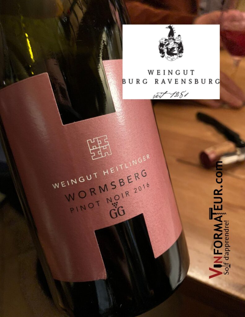 Pinot Noir, Trocken, Wormsberg, Weingut Heitlinger, Allemagne, Qualitatswein QbA, Grosses Gewächs, vin rouge bio, 2016 bouteille