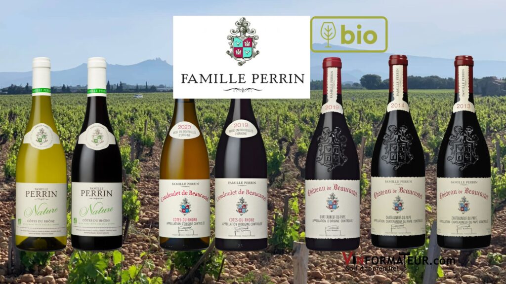 Famille Perrin: Perrin Nature rouge 2020 et blanc 2021, Coudoulet de Beaucastel rouge 2019 et blanc 2020, Château de Beaucastel, Châteauneuf-du-Pape 2019. bouteilles