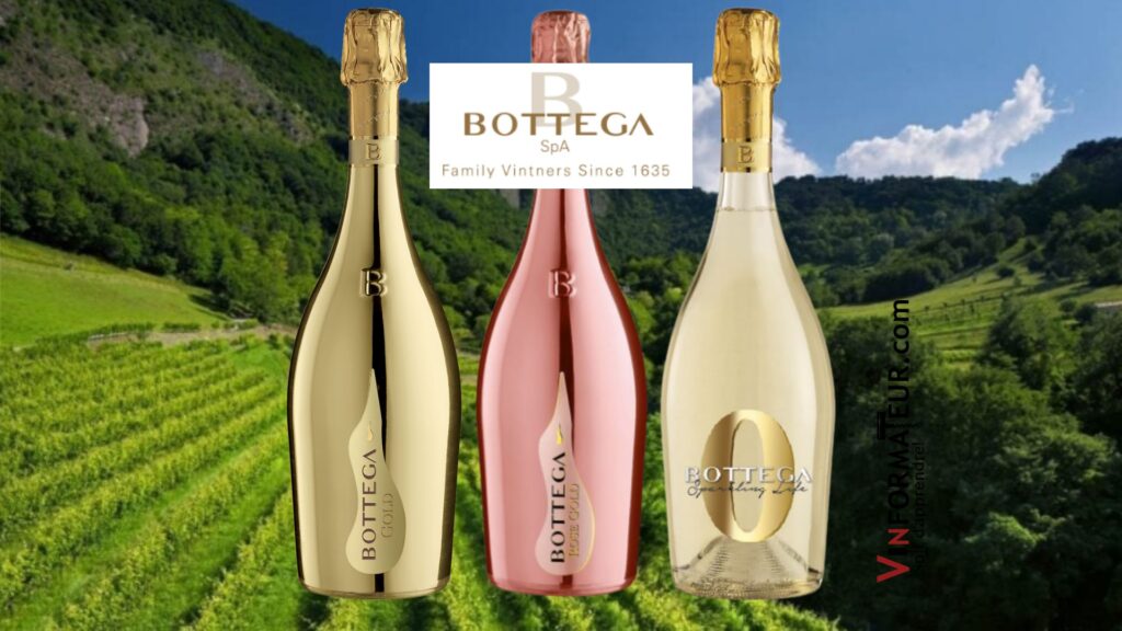 Des bulles Bottega: Bottega Gold, Prosecco, Brut, Rosé Gold, Pinot Nero Spumante Brut Rosé, Bottega Sparkling Zero. bouteilles