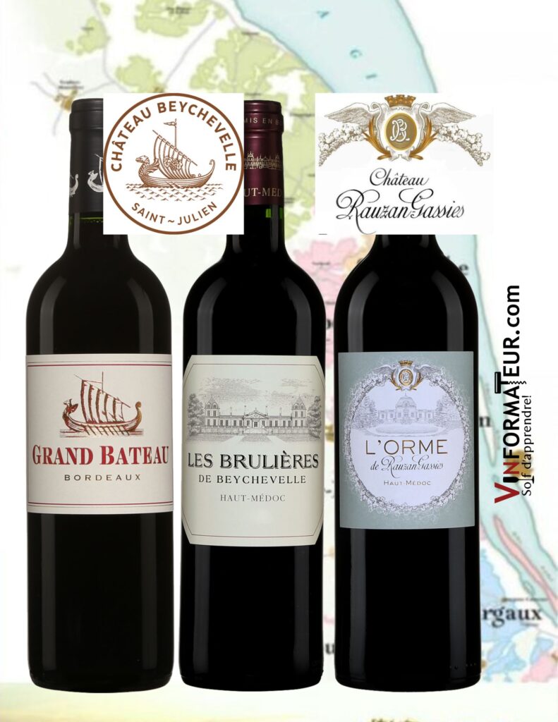Trois vins de Bordeaux issus de châteaux crus classés: Grand Bâteau 2018, Brulières de Beychevelle 2019 et l'Orme de Rauzan-Gassies 2018. bouteilles