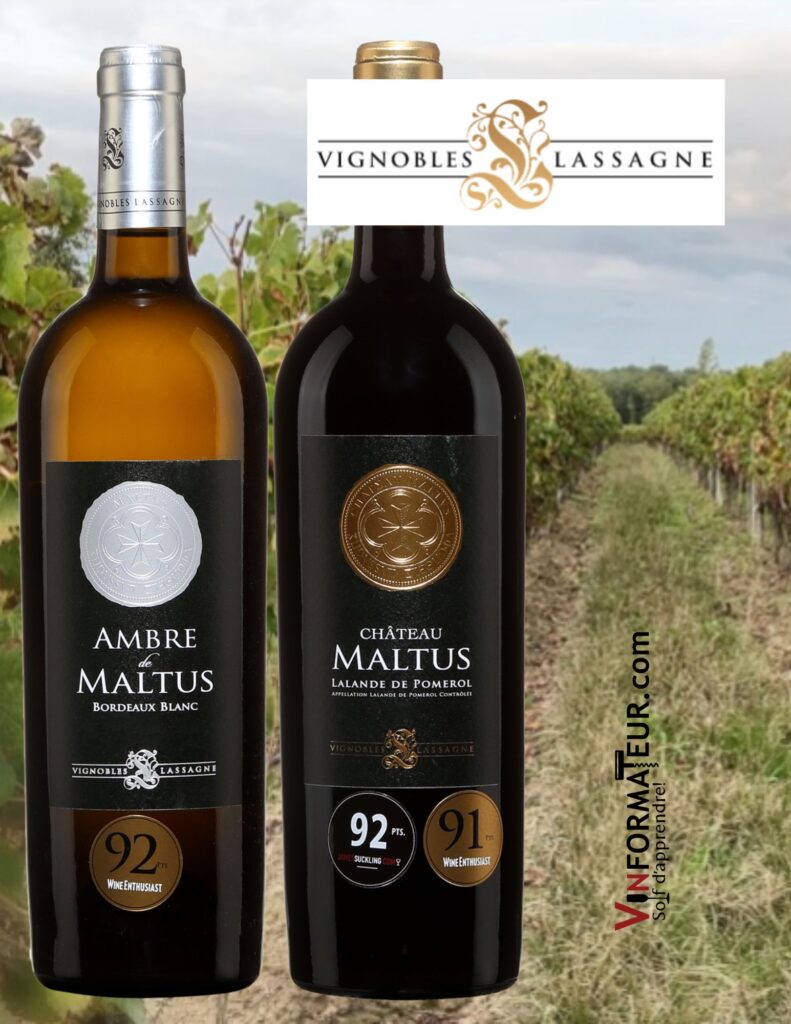 Château Maltus, Lalande de Pomerol, Vignobles Lassagne, 2018, 34,75$, Ambre de Maltus, Bordeaux, 2019, 23,95$. bouteilles