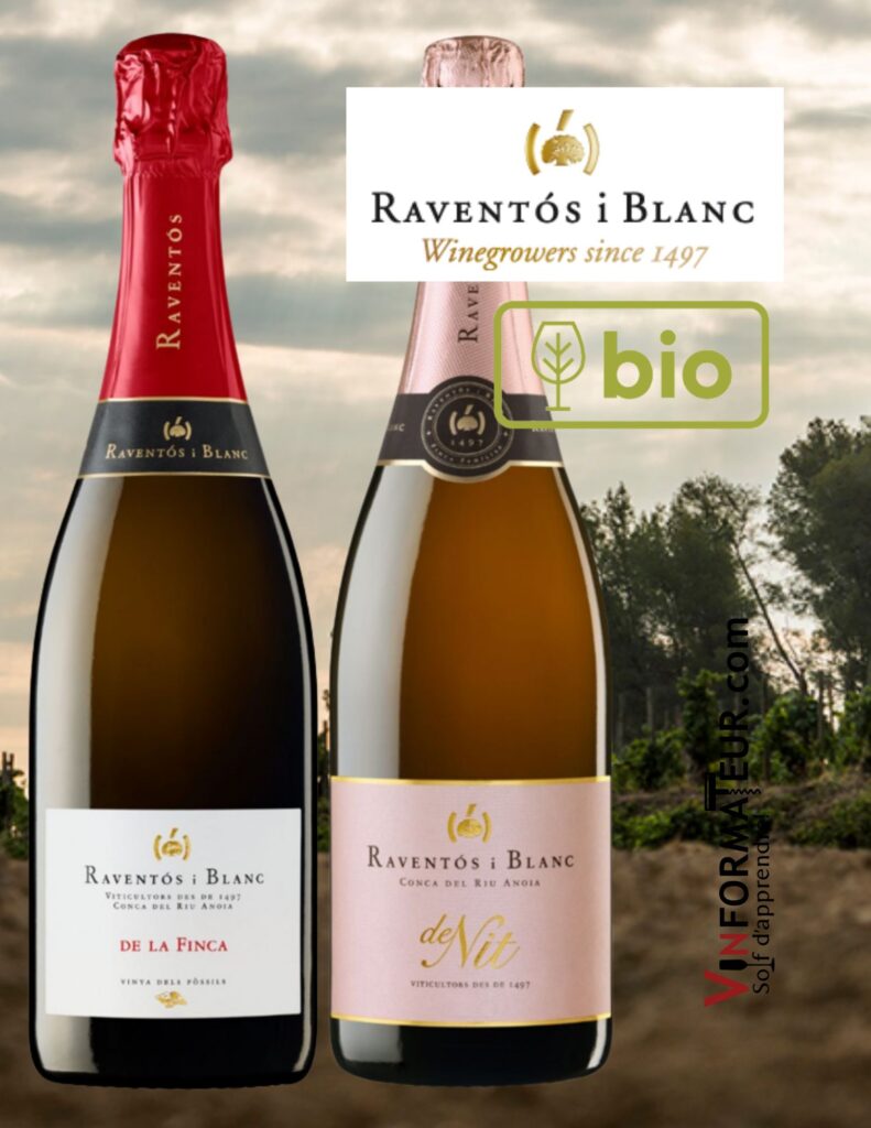Raventos i Blanc: De Nit, Conca del Riu Anoia, Extra Brut, vin mousseux rosé bio, 2020, De la Finca Brut, Conca del Riu Anoia, vin mousseux bio, 2019. bouteilles