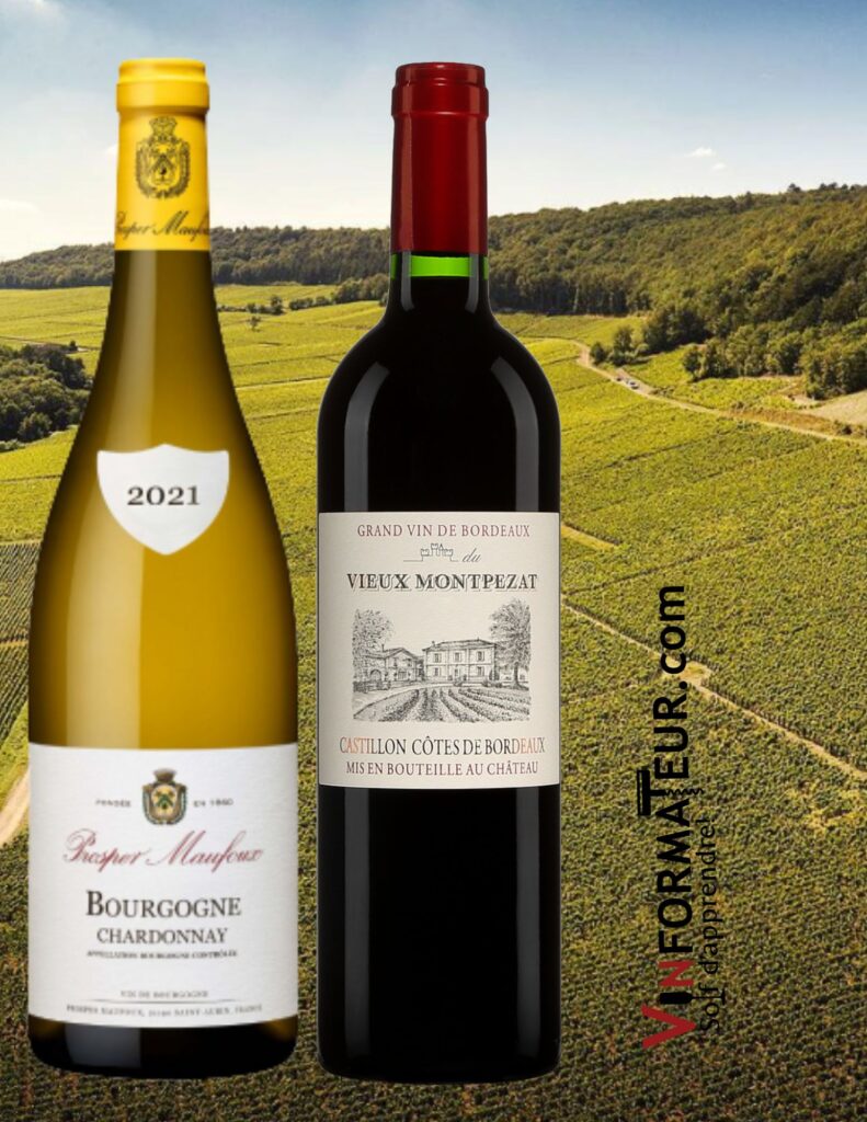 Chardonnay, Bourgogne, Prosper Maufoux, 2021, Château du Vieux Montpezat, France, Bordeaux, Castillon Côtes de Bordeaux, 2019. bouteilles