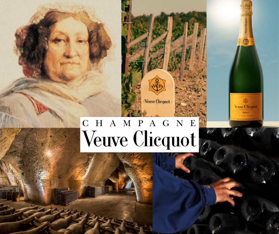 Champagne Veuve Clicquot: Veuve Clicquot Ponsardin, vignoble, chai et bouteille carte jaune.