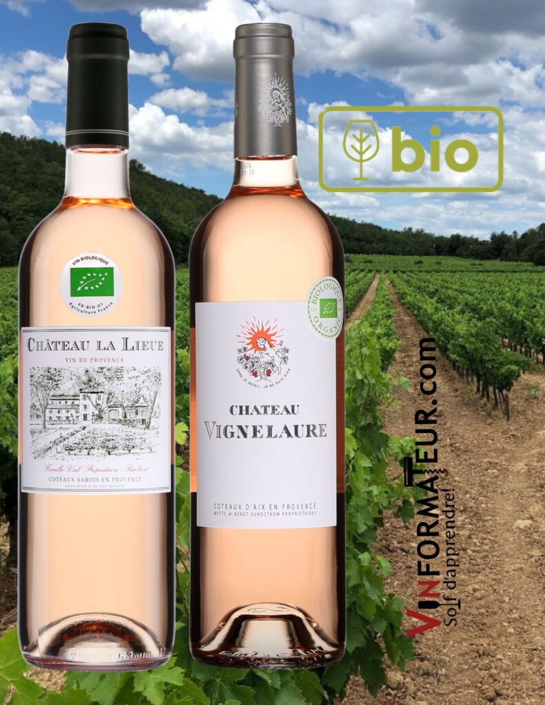 Vins rosés gastronomiques bio: Château La Lieue, Tradition, Coteaux Varois en Provence, vin rosé bio, 2021, Château Vignelaure, Coteaux-d’Aix-en-Provence, vin rosé bio, 2021. bouteilles