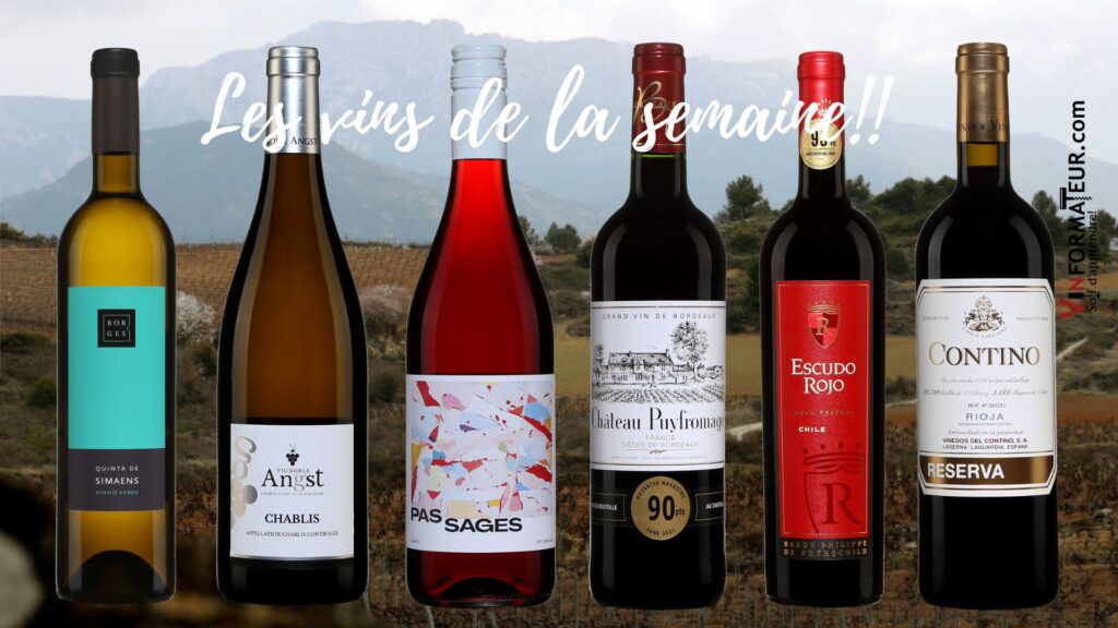 Vins de la semaine: Borges Vinho Verde, Chablis Angst, Pas Sages Gamay, Château Püyfromage, Escudo Rojo, Contino Reserva. Bouteilles