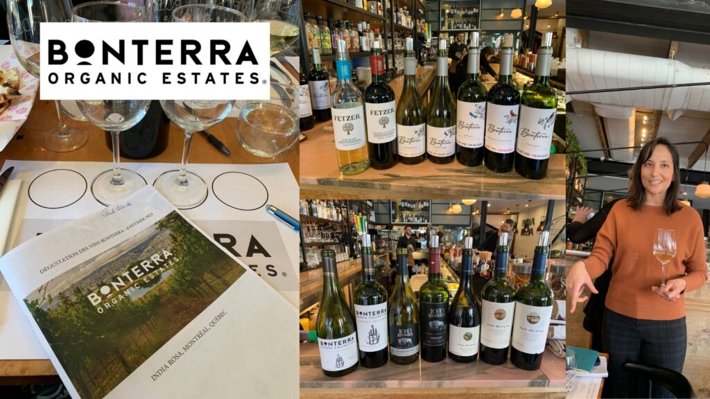 Dégustation des vins de Bonterra Organic Estates: Gabriela Marble (Export Manager), bouteilles de vins dégustées. 
