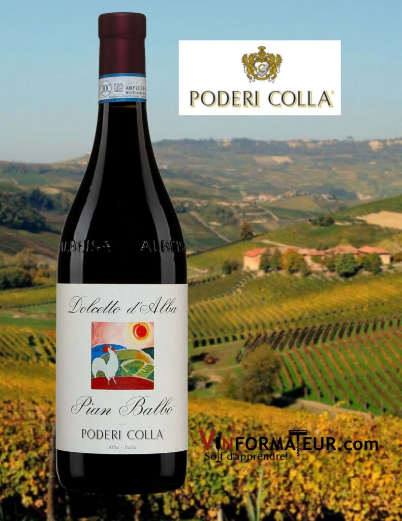 Dolcetto d’Alba, Pian Balbo, Poderi Colla, Italie, Piémont, vin rouge, 2021 bouteille vignoble