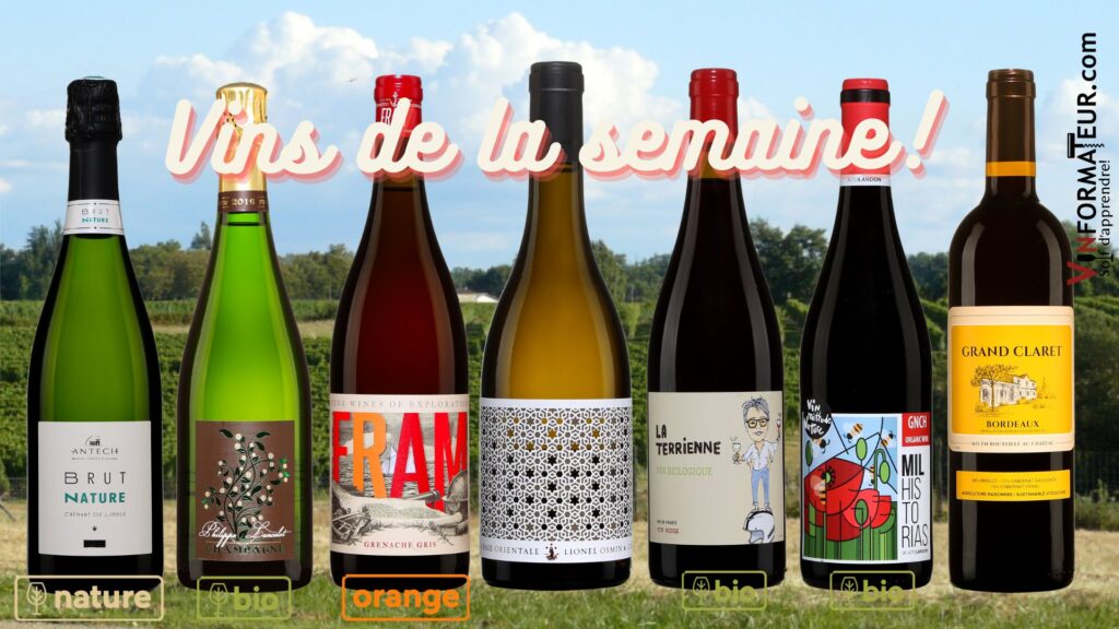 Vins de la semaine: Antech Crémant, Champagne Philippe Lancelot, Fram vin orange, Baie Orientale, La Terrienne, MILHistorias, Grand Claret. bouteilles
