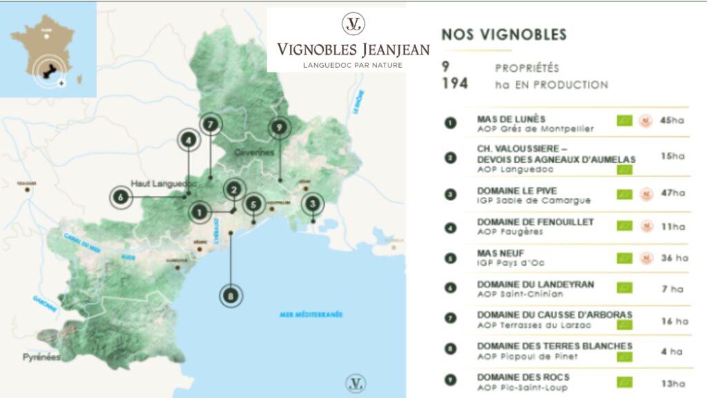 Carte vinicole des propriétés de Vignobles Jeanjean
