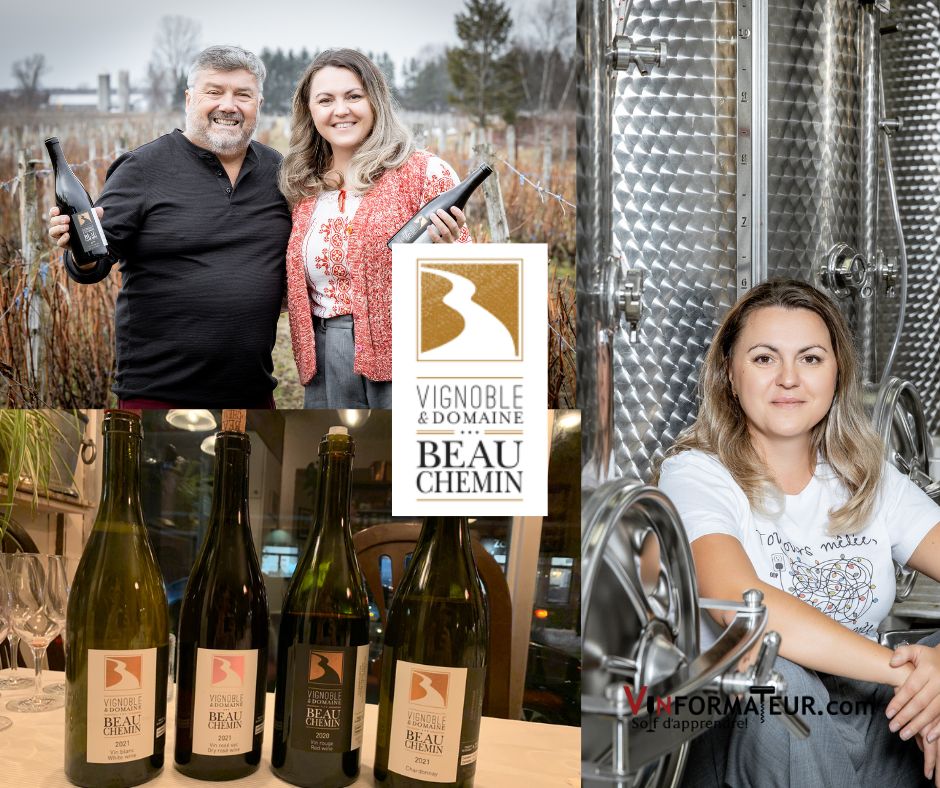 Vignoble Domaine Beauchemin: vin blanc 2021, vin rosé 2021, Chardonnay 2021 et rouge 2020. Nouveaux propriétaires Liudmila Terzi et Richard Brasseur. 