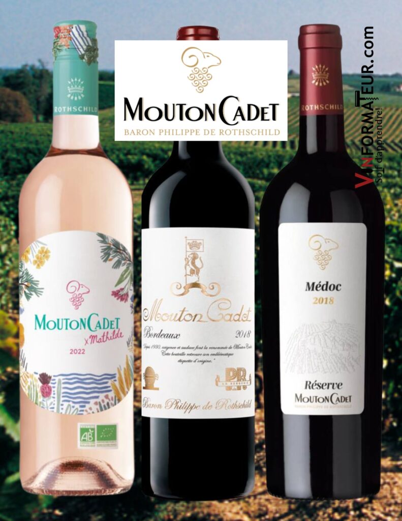 Mouton Cadet, Mathilde, vin rosé bio, 2022, Mouton Cadet, Héritage, vin rouge, 2018, Mouton Cadet, Réserve, Médoc, vin rouge, 2018 bouteilles