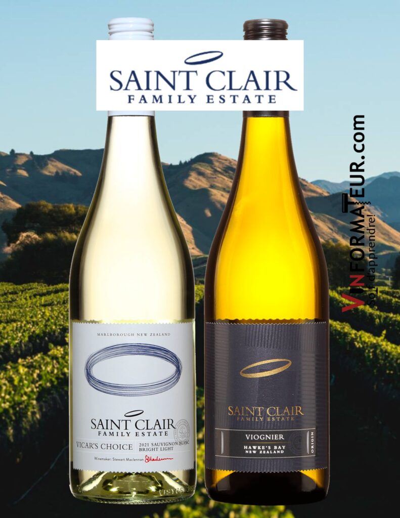 Saint Clair Family Estate: Vicar’s Choice, Bright Light, Sauvignon blanc, 2021, 19,60$, Viognier, vin blanc vegan, 2021, 22,45$. bouteilles