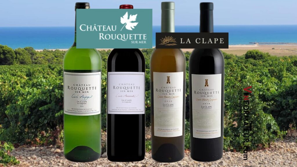 Château Rouquette sur Mer: Cuvée Amarante 2020, 19,65$, Cuvée Arpége vin blanc 2022 (IP), Cuvée Henry Lapierre en blanc et rouge (IP). bouteilles