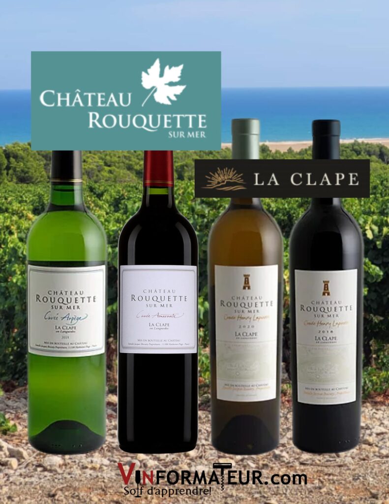 Château Rouquette sur Mer: Cuvée Amarante 2020, 19,65$, Cuvée Arpége vin blanc 2022 (IP), Cuvée Henry Lapierre en blanc et rouge (IP). bouteilles