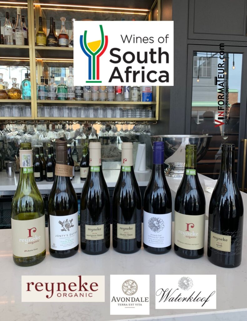 Vins bios d'Afrique du Sud: vins blancs et rouges de la maison Reyneke en biodunamie, Jonty's Duck de la maison Avondale et Seriously Cool de la maison Waterkloof. bouteilles
