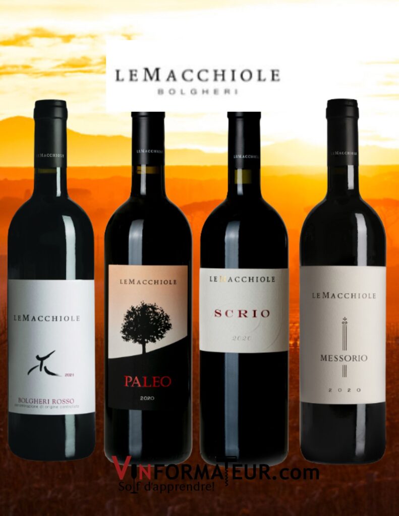 Les grands vins du domaine Le Macchiole - Bolgheri Rosso 2020, Paleo Rosso 2019, Paleo Rosso Cabernet franc 2019, Scrio, Syrah 2019. bouteilles