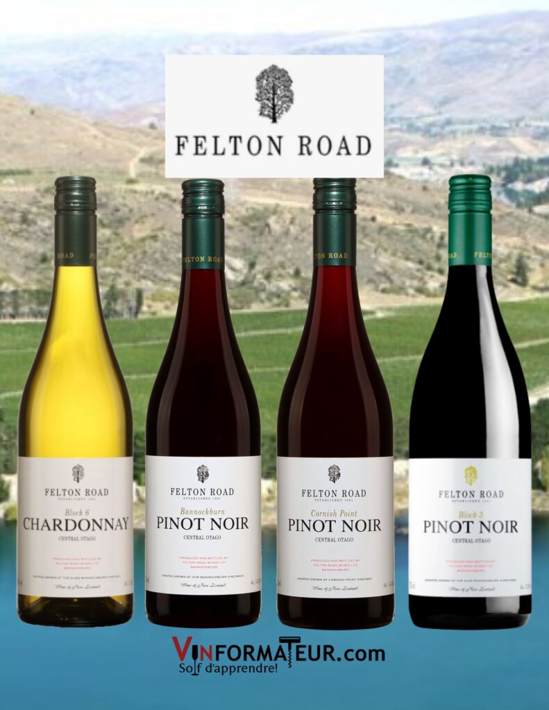 Felton Road: Chardonnay, Block 6, Bannockburn, Pinot Noir, 2021, Cornish Point, Pinot Noir, 2021, Block 3, Pinot Noir, 2021.  bouteilles