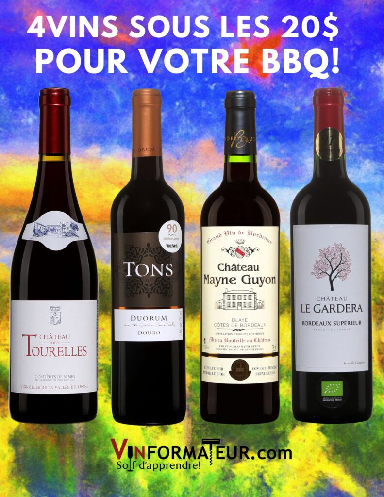 4 vins pour votre BBQ: Château des Tourelles, Costières de Nîmes, Tons, Duorum, Château Mayne Guyon, Blaye, Château Le Gardera, Bordeaux Supérieur.bouteilles