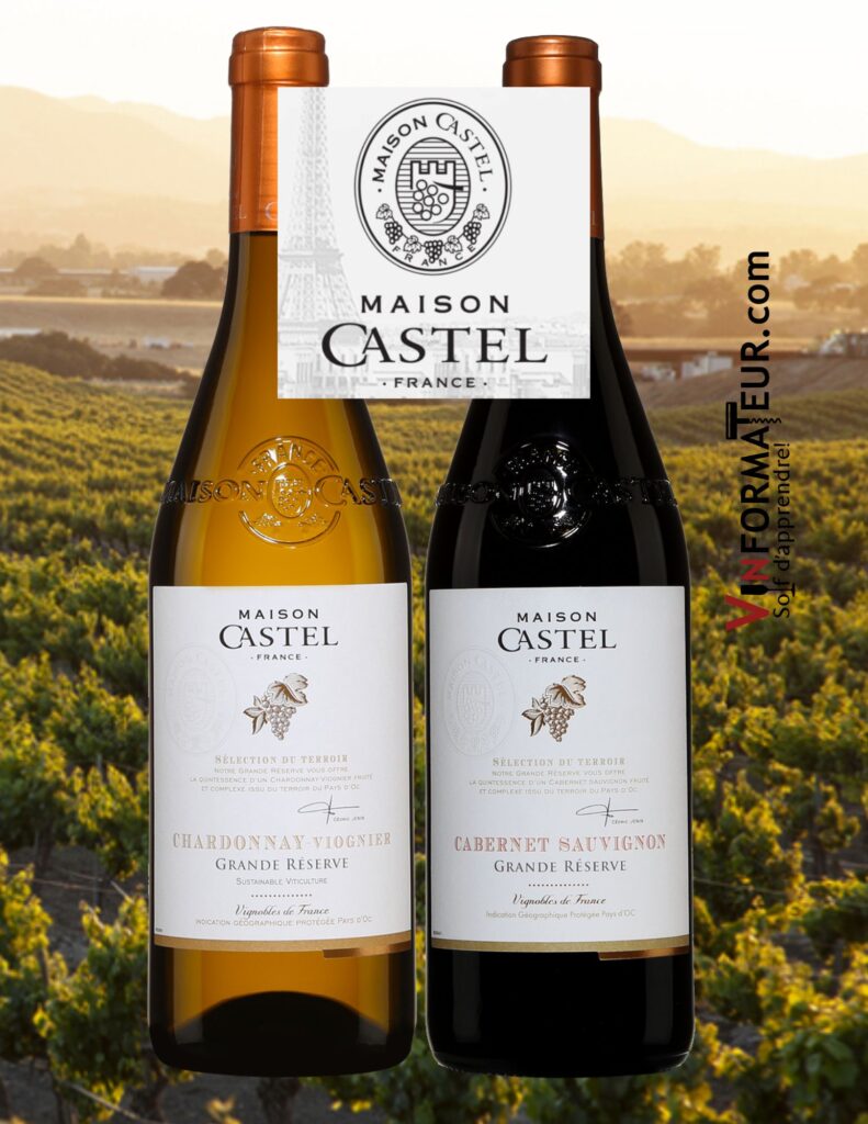 Maison Castel: Chardonnay Viognier, Grande Réserve, IGP Pays d’Oc, vin blanc, 2021, Cabernet-Sauvignon, Grande Réserve, IGP Pays d’Oc, vin rouge, 2019. bouteilles