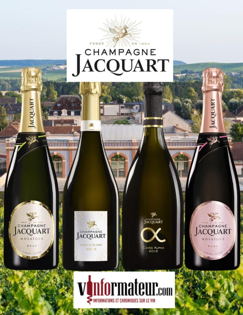 Champagne Jacquart: Mosaique Brut, Blanc de blancs 2015, Cuvée Alpha 2012 et Mosaique Rosé. bouteilles