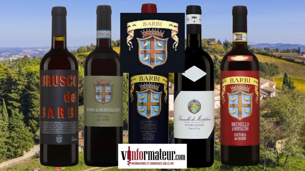 Les vins de la maison Fattoria dei Barbi: Brusco dei Barbi, Rosso di Montalcino, Brunello, Vigne del Fiore et Brunello Riserva. bouteilles