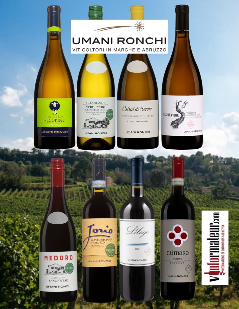 Umani Ronchi: Pecorino, Verdicchio Villa Bianchi, Casal di Serra et Vecchie Vigne, Medoro, Jorio, Pelago, Cumaro. bouteilles